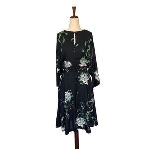 Vintage 70s 80s Malibu Media Black Floral Rayon Dress Angel Bell Sleeves sz XS